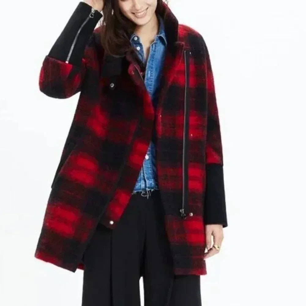 MADEWELL Red Plaid City Grid Coat Wool Blend Asymmetrical Zip Jacket Edgy SIZE 4